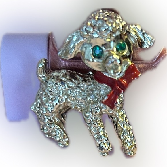 Jewelry - Gold Dog Brooch with Red Bow and green gemstone eyes